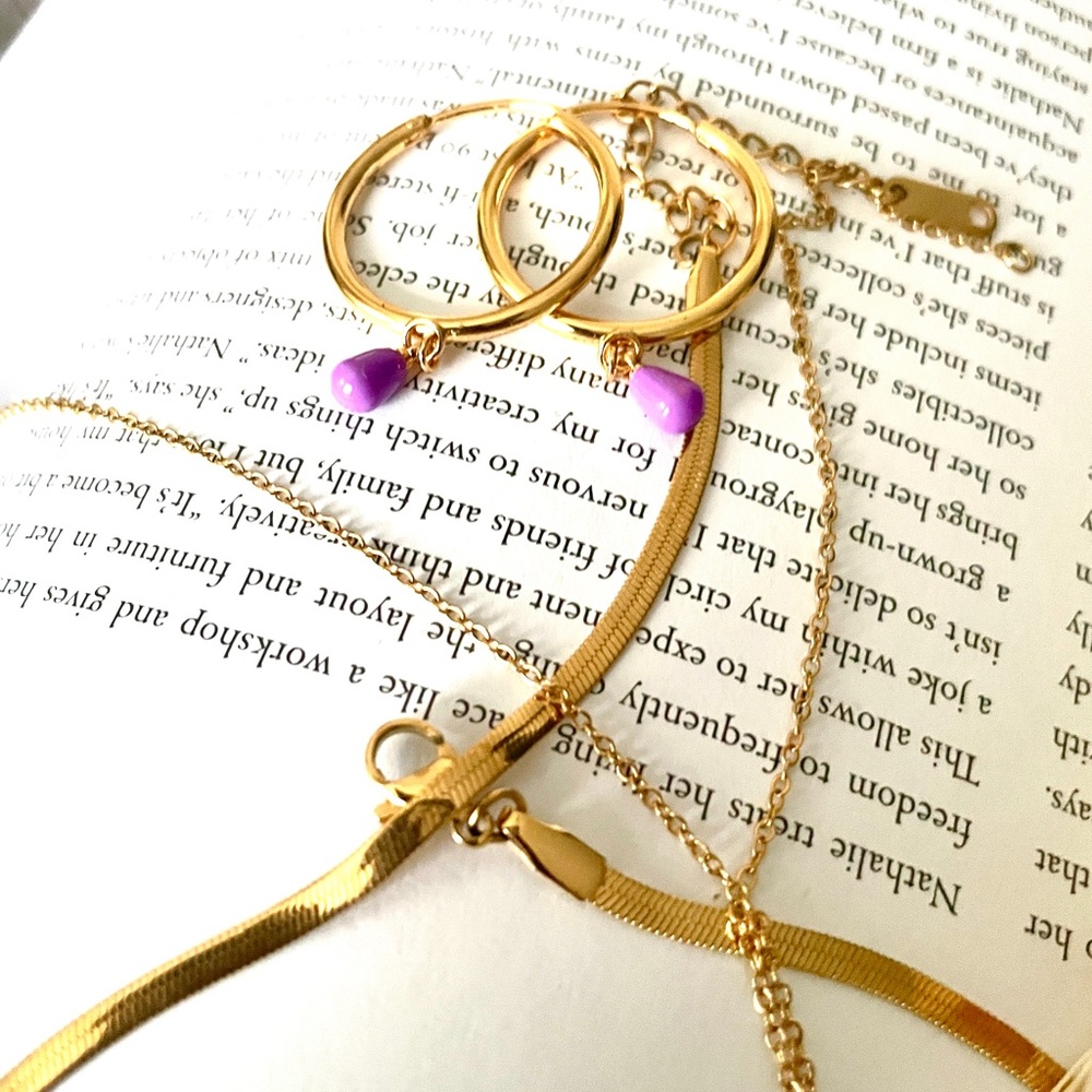Set of 3: two gold necklace and one pair of purple stone earrings